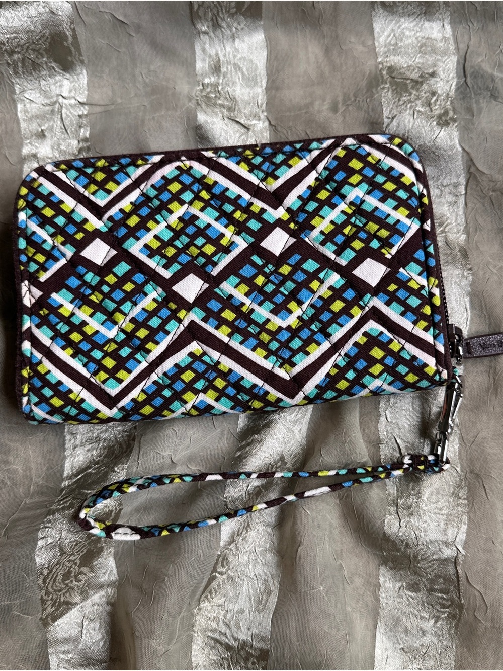 Vera Bradley Rain Forest Wallet Wristlet in Blue, Green & White Geometric Print
